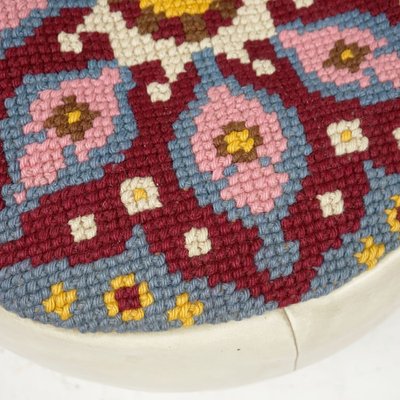 Embroidered Seat Pouf in White Leather, 1960s-MH-1803981