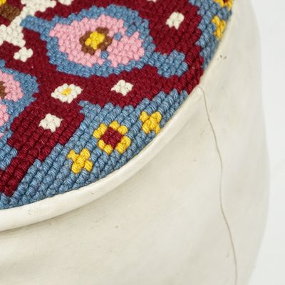 Embroidered Seat Pouf in White Leather, 1960s-MH-1803981