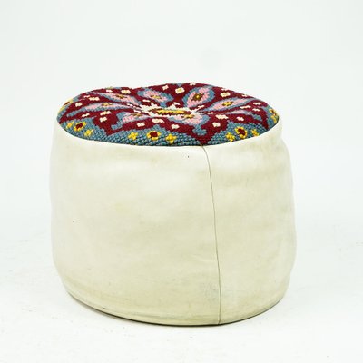 Embroidered Seat Pouf in White Leather, 1960s-MH-1803981