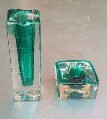 Emerald Green and Clear Glass Block Vase and Candle Holder, 1970s, Set of 2-QDP-1015080