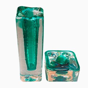 Emerald Green and Clear Glass Block Vase and Candle Holder, 1970s, Set of 2-QDP-1015080