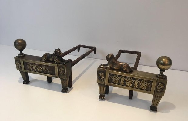 Empire Bronze Andirons with Lions, France, 1850s, Set of 2-BA-658574