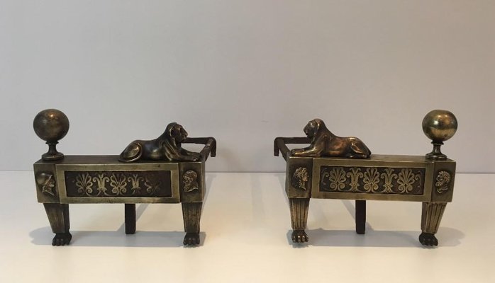 Empire Bronze Andirons with Lions, France, 1850s, Set of 2-BA-658574