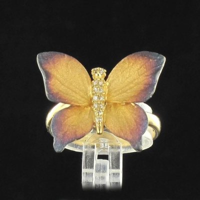 Enamel Diamond and Yellow Gold Butterfly Ring-OLU-896193