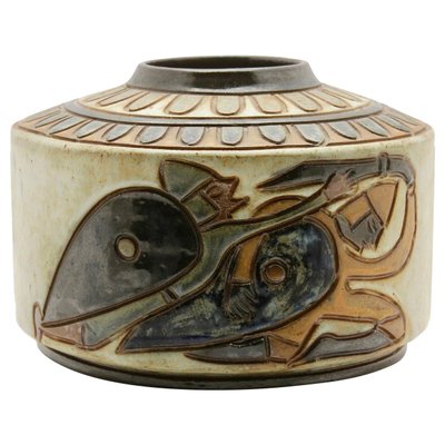 Enameled Stoneware Cylindrical Vase with Engraved Rotating Design by A. Dubois for Bouffioulx,-MJY-1149038