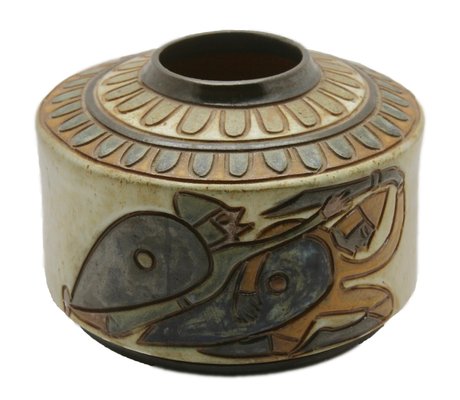 Enameled Stoneware Cylindrical Vase with Engraved Rotating Design by A. Dubois for Bouffioulx,-MJY-1149038