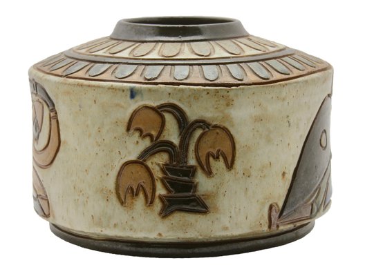 Enameled Stoneware Cylindrical Vase with Engraved Rotating Design by A. Dubois for Bouffioulx,-MJY-1149038