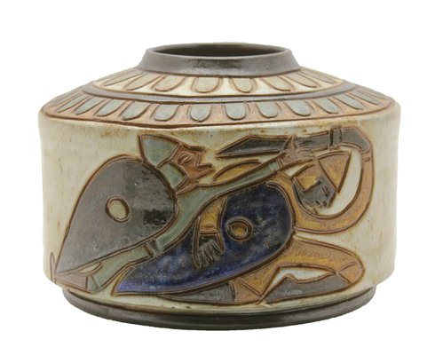 Enameled Stoneware Cylindrical Vase with Engraved Rotating Design by A. Dubois for Bouffioulx,-MJY-1149038