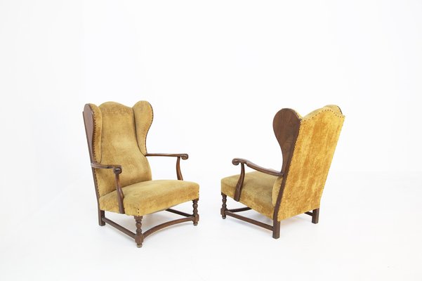 English Armchairs in Velvet and Walnut Wood, Late 19th Century, Set of 2-RCE-981796