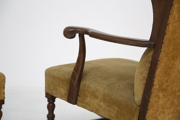 English Armchairs in Velvet and Walnut Wood, Late 19th Century, Set of 2-RCE-981796