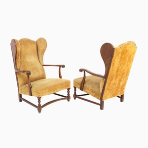 English Armchairs in Velvet and Walnut Wood, Late 19th Century, Set of 2-RCE-981796