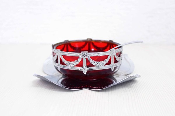 English Art Nouveau Silver Metal and Glass Sugar Bowl-BQF-893671