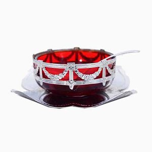 English Art Nouveau Silver Metal and Glass Sugar Bowl-BQF-893671