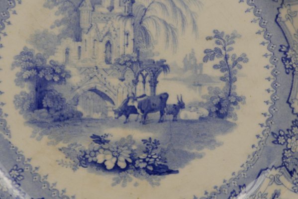 English Blue and White Earthenware Dinner Plate from Arcadia, 1840s-YNA-783494