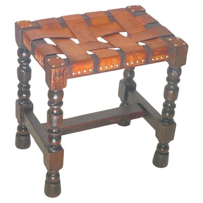 English Brown Stool in Wood and Leather with Twisted Legs, 20th Century-UR-1761238