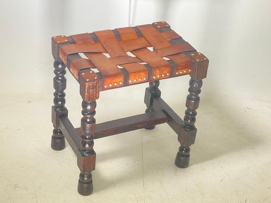 English Brown Stool in Wood and Leather with Twisted Legs, 20th Century-UR-1761238