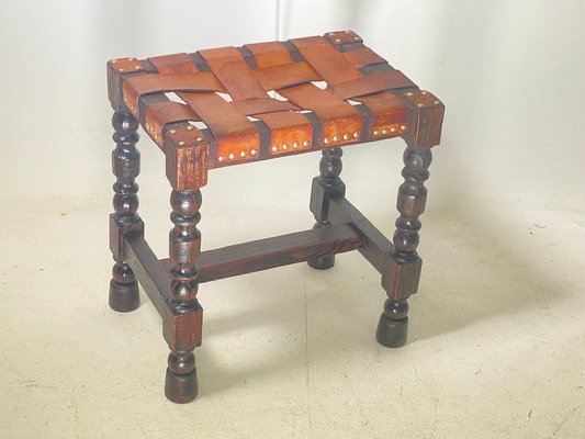 English Brown Stool in Wood and Leather with Twisted Legs, 20th Century-UR-1761238