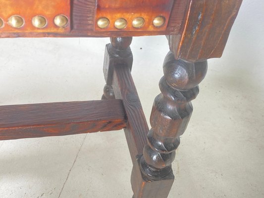 English Brown Stool in Wood and Leather with Twisted Legs, 20th Century-UR-1761238