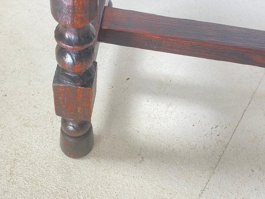 English Brown Stool in Wood and Leather with Twisted Legs, 20th Century-UR-1761238