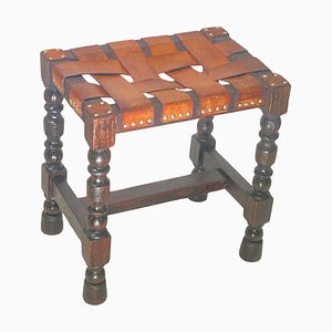 English Brown Stool in Wood and Leather with Twisted Legs, 20th Century-UR-1761238