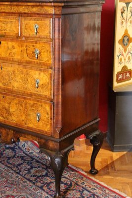 English George II Style Burl Walnut and Marquetry Chest on Stand or Highboy, 1890s-AXE-1433464