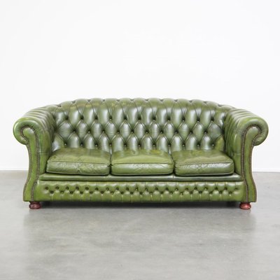 English Green Leather 2.5 Seater Chesterfield Sofa-HPP-2039535