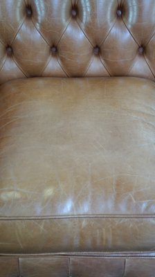 English Light Brown-Cream-Colored Cowhide Leather 2.5-seater Chesterfield Sofa-HPP-2018315