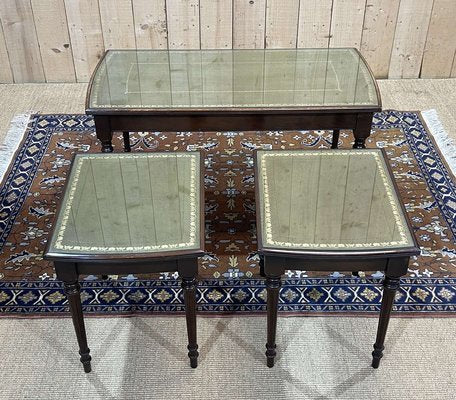 English Nesting Tables in Mahogany and Leather Top Under Glass, 1950s, Set of 3-QYF-1724022