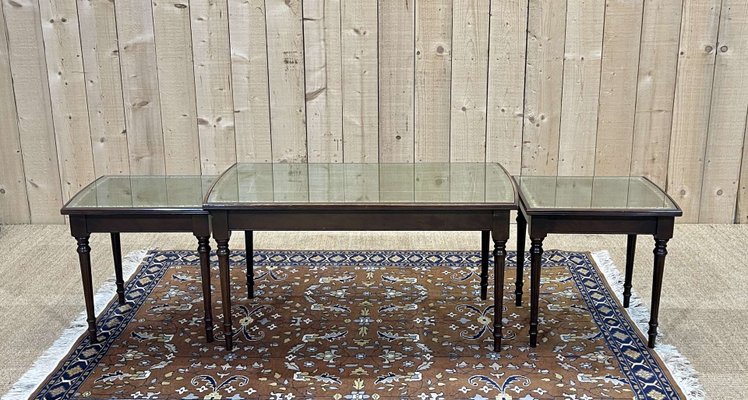 English Nesting Tables in Mahogany and Leather Top Under Glass, 1950s, Set of 3-QYF-1724022