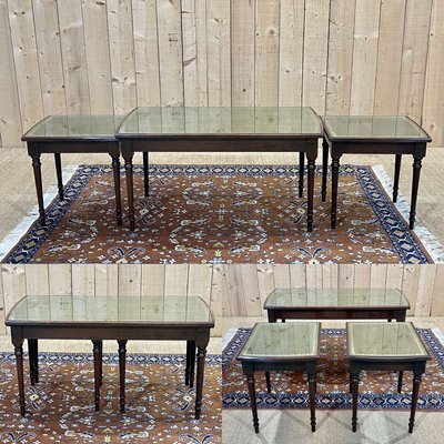 English Nesting Tables in Mahogany and Leather Top Under Glass, 1950s, Set of 3-QYF-1724022