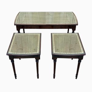 English Nesting Tables in Mahogany and Leather Top Under Glass, 1950s, Set of 3-QYF-1724022