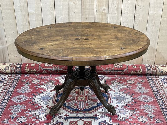 English Pedestal Table in Walnut Veneer, Ebony and Boxwood, Late 1800s-QYF-941759