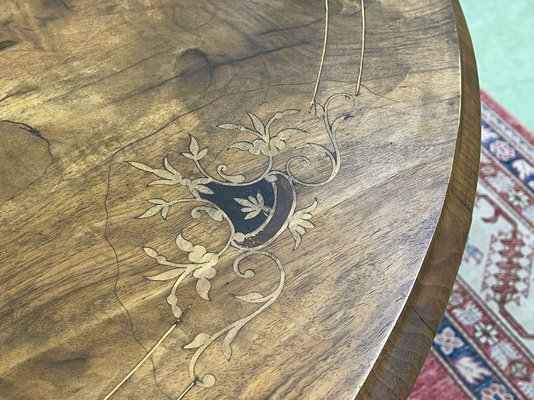 English Pedestal Table in Walnut Veneer, Ebony and Boxwood, Late 1800s-QYF-941759