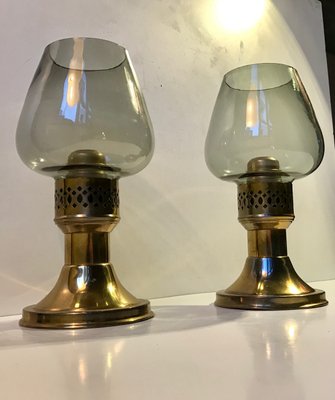 English Smoked Glass & Brass Candleholders by Martin Roehlen for Mason Standex International Ltd, 1970s, Set of 2-LCR-861801