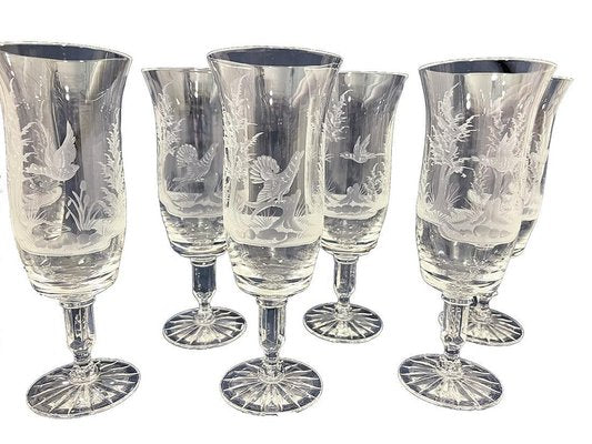 Engraved Drinking Glasses with a Landscape and Bird Scene, 1970s, Set of 7-UCH-1821653