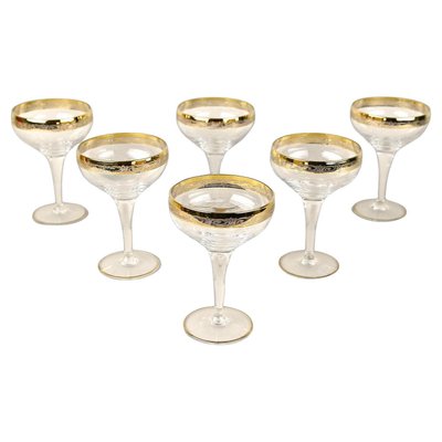 Engraved Murano Champagne Coupe Glasses with Gold Rim, 1940, Set of 6-TQA-2034397