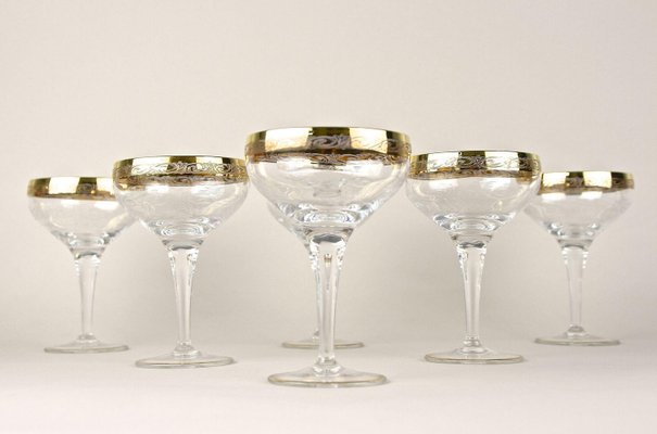 Engraved Murano Champagne Coupe Glasses with Gold Rim, 1940, Set of 6-TQA-2034397