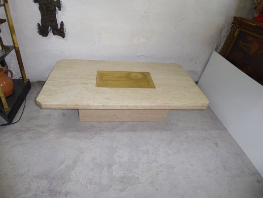 Etched Brass Travertine Coffee Table by Georges Matthias, 1970s-AWL-768008