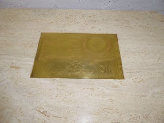 Etched Brass Travertine Coffee Table by Georges Matthias, 1970s-AWL-768008