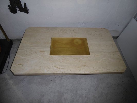 Etched Brass Travertine Coffee Table by Georges Matthias, 1970s-AWL-768008