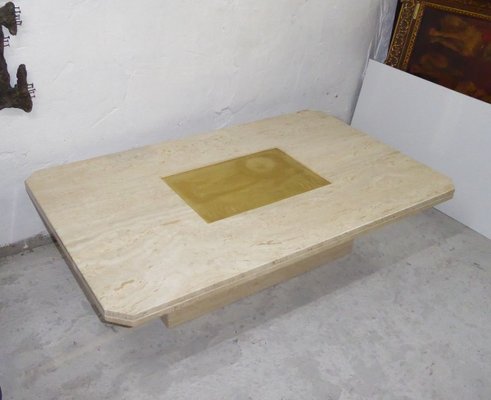 Etched Brass Travertine Coffee Table by Georges Matthias, 1970s-AWL-768008