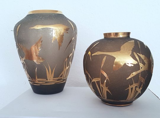 Etched Glass Vases with Gilt Decoration and Rim by Alfred Taube for Füge & Taube, 1960s, Set of 2-QDP-953564