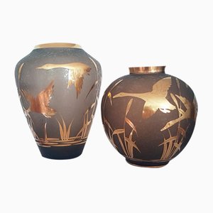 Etched Glass Vases with Gilt Decoration and Rim by Alfred Taube for Füge & Taube, 1960s, Set of 2-QDP-953564