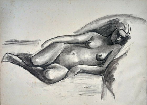 Etienne Morillon, Art Deco Nude, 1920s-1930s, Charcoal on Paper-NRC-1384625