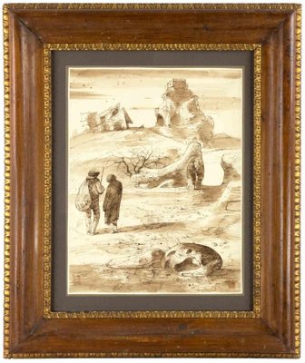 Eugene Berman, Landscape with Figures, Ink & Watercolor Drawing, Mid-20th Century-ZCI-1446735