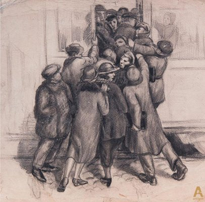 Evgeny Petrovich Protopopov, Scene by the Tram, 1928, Drawing, Framed-WMV-1129482