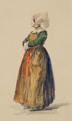 F. Perrot, Girl in French Costume, 19th-Century, Pencil-OJR-1273503