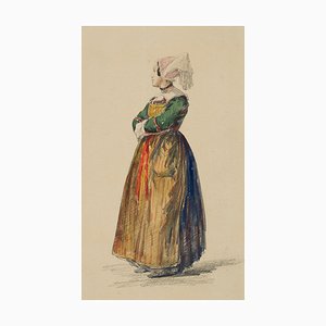 F. Perrot, Girl in French Costume, 19th-Century, Pencil-OJR-1273503