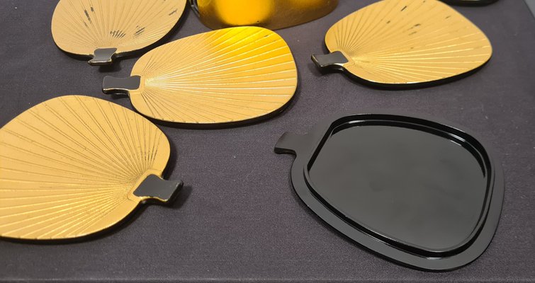 Fan-Shaped Trays in Bakelite and Gold Leaf, 1930s, Set of 9-RPW-1723727