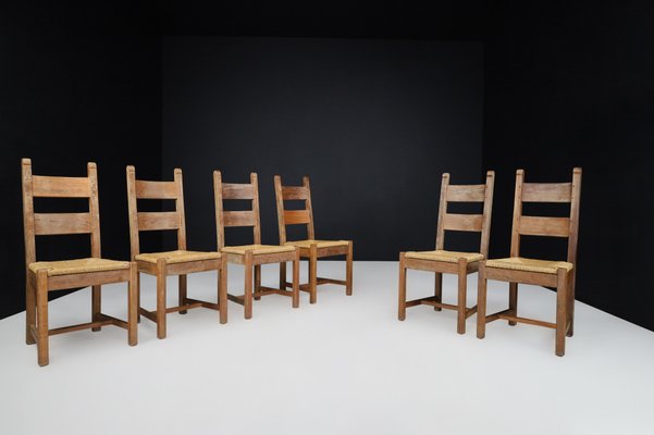 Farmhouse Oak and Rush Dining Chairs, 1960s, Set of 6-TRW-1797083